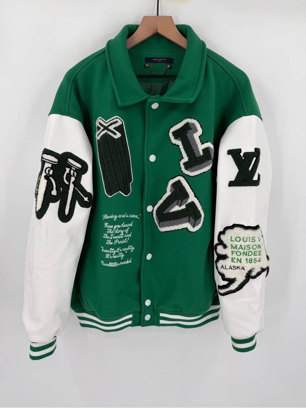 Louis Vuitton Varsity Jacket Mens XXL Green Snap Button Heavyweight Virgil Abloh